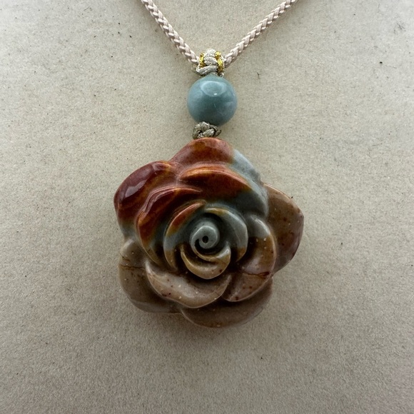 None Jewelry - Polychrome Rose Pendant Necklace with Jade Bead on Beige Adjustable Rope